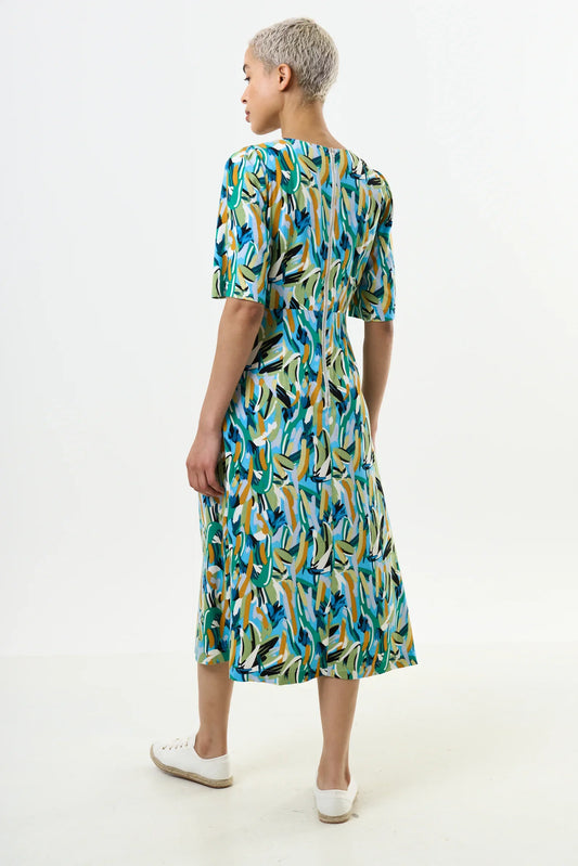 Corrine Brushstroke Print Short Sleeve Midi Dress - Green