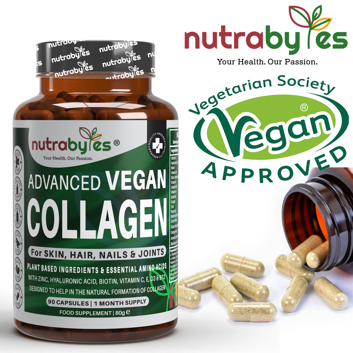 Advanced Vegan Collagen | Plant-Based Ingredients Including Essential Amino Acids | 90 Capsules | 1 Month | Hair, Skin, Nails and Joints | Collagen Supplements for Men & Women
