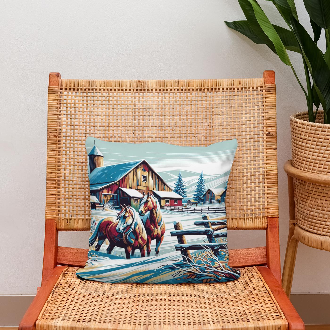 Whimsical Winter Farm Cotton Cushion
