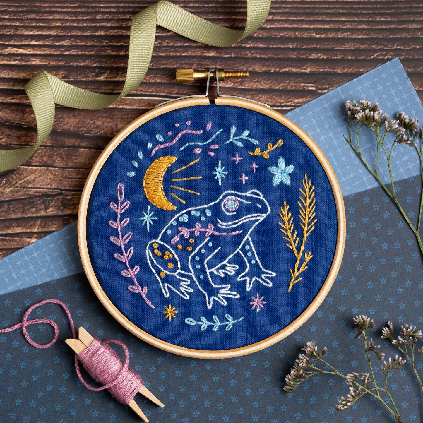 'Celestial Frog' Moon and Stars Mini Embroidery Kit for Beginners