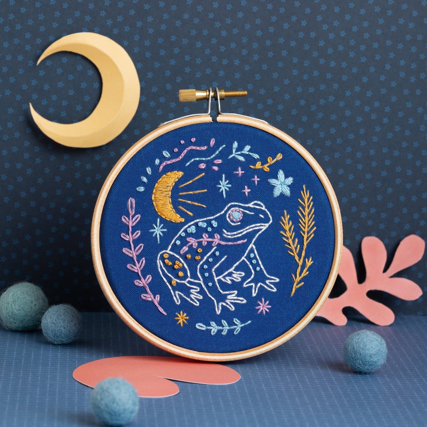 'Celestial Frog' Moon and Stars Mini Embroidery Kit for Beginners