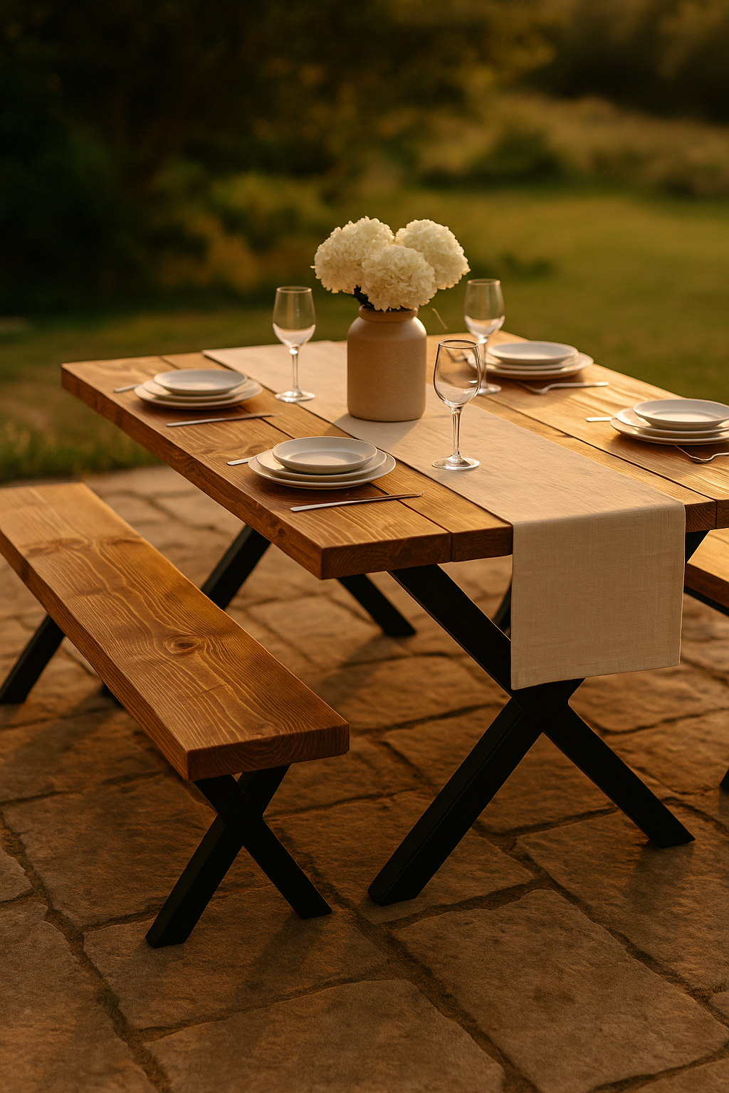 Outdoor Farmhouse Dining Table With Bench and Black Metal Cross Legs