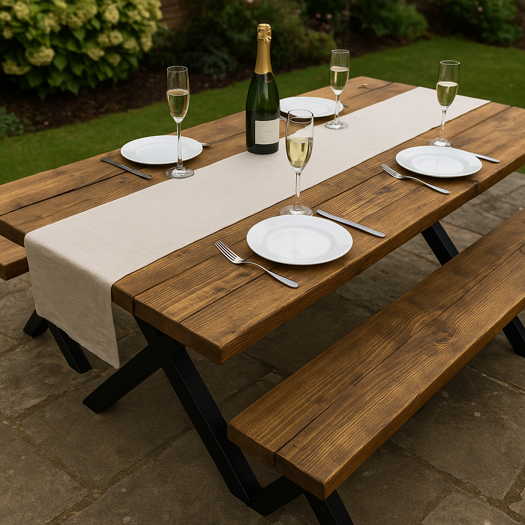 Outdoor Farmhouse Dining Table With Bench and Black Metal Cross Legs