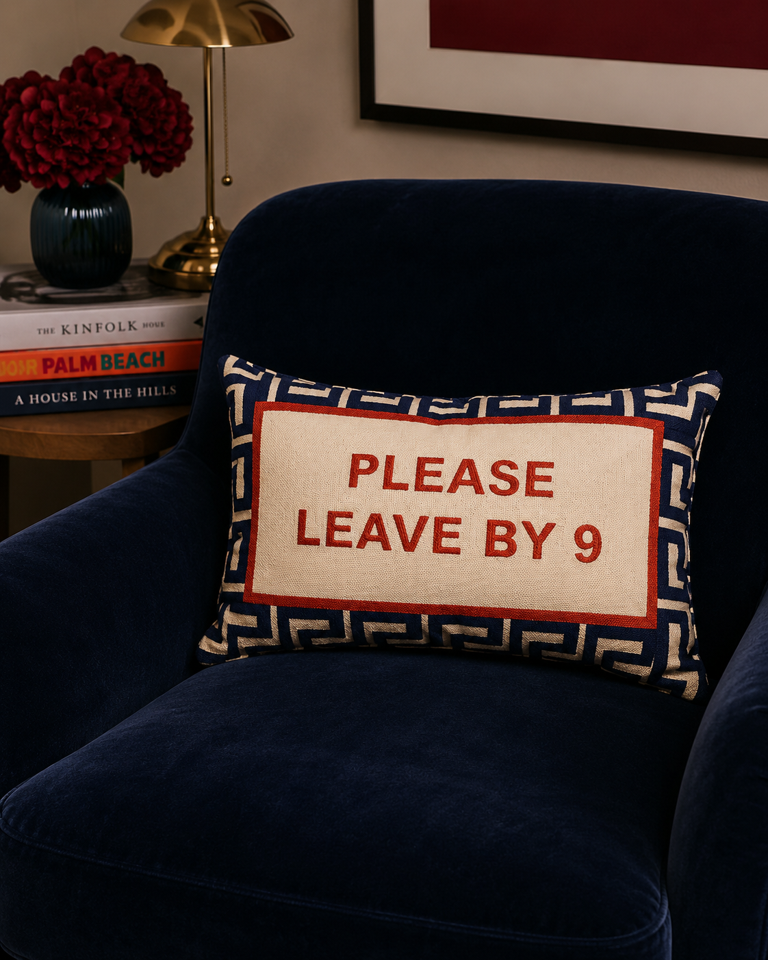 Please Leave By 9 Needlepoint Cushion
