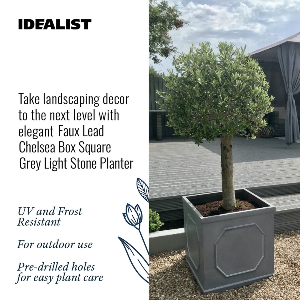 IDEALIST Lite Chelsea Flower Box Square Garden Planter, Faux Lead Light Stone Outdoor Plant Pot W30 H30 L30 cm, 27L
