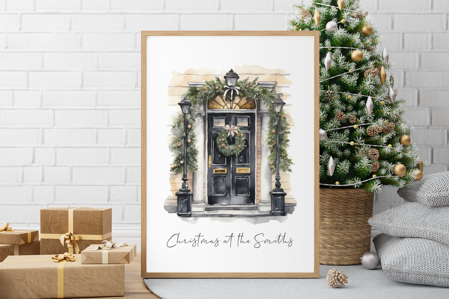 Personalised Christmas At Surname Black Front Door Winter Christmas Seasonal Wall Home Decor Print