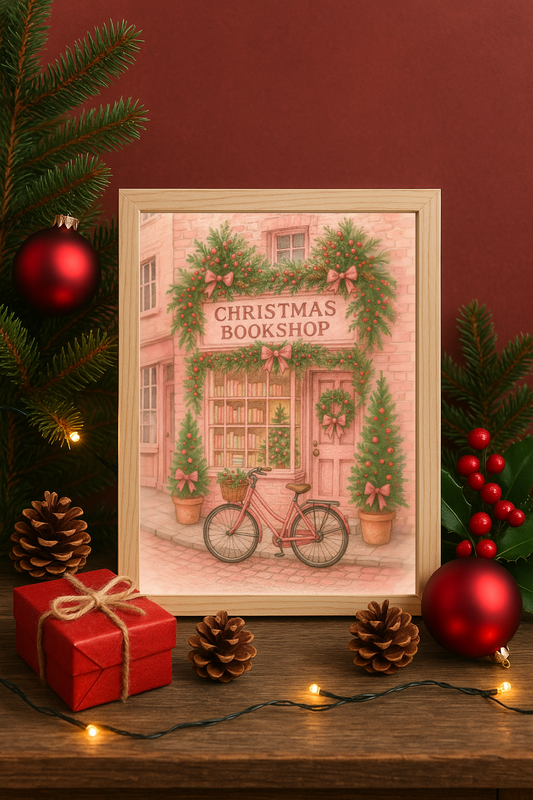 Christmas Pink Bookshop Wall Art – Festive Holiday Bookstore Scene Print