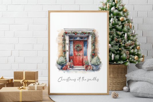 Personalised Christmas At Surname Red Front Door Winter Christmas Seasonal Wall Home Decor Print