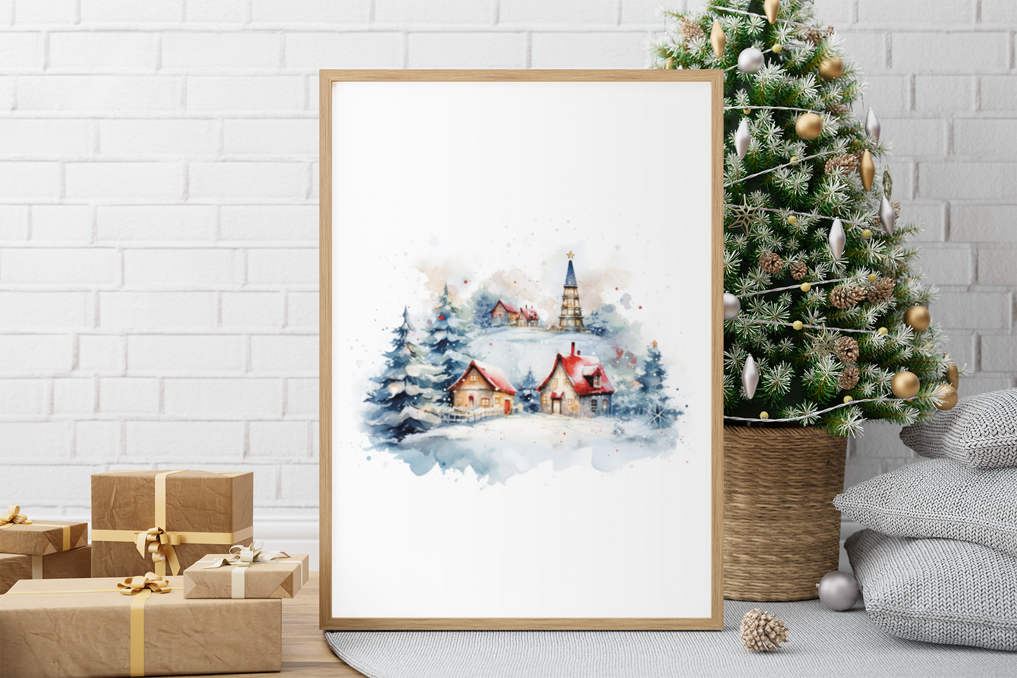 Christmas Small Town Scene Winter Christmas Seasonal Wall Home Decor Print