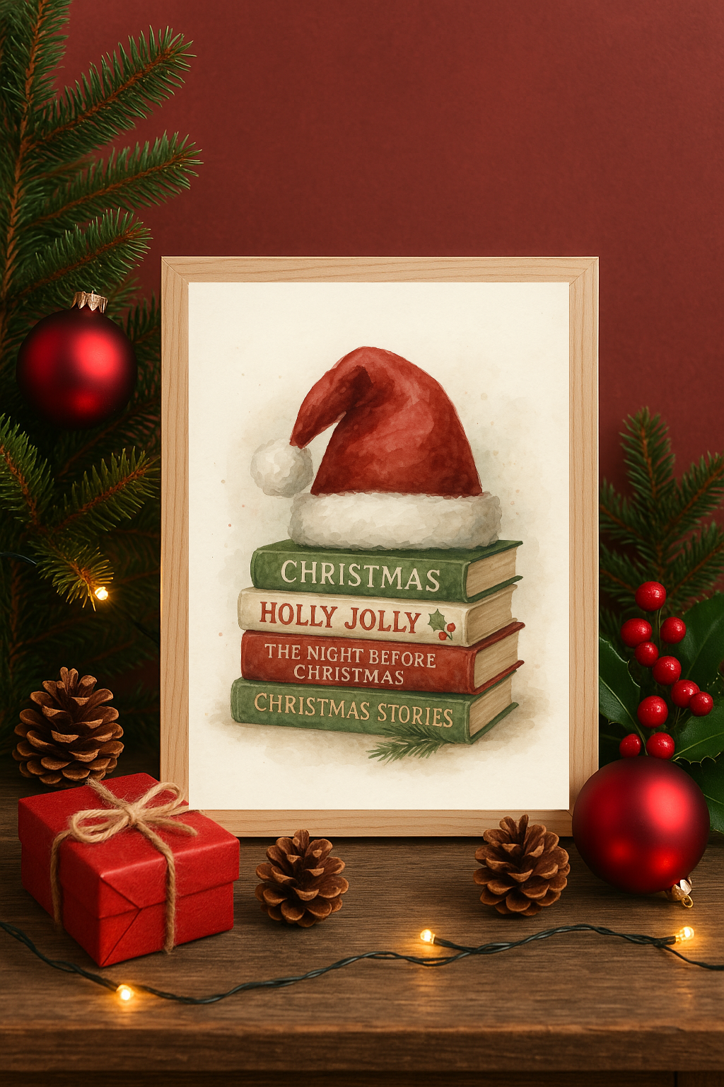 Christmas Storybook Wall Art – Santa Hat & Holiday Books Print