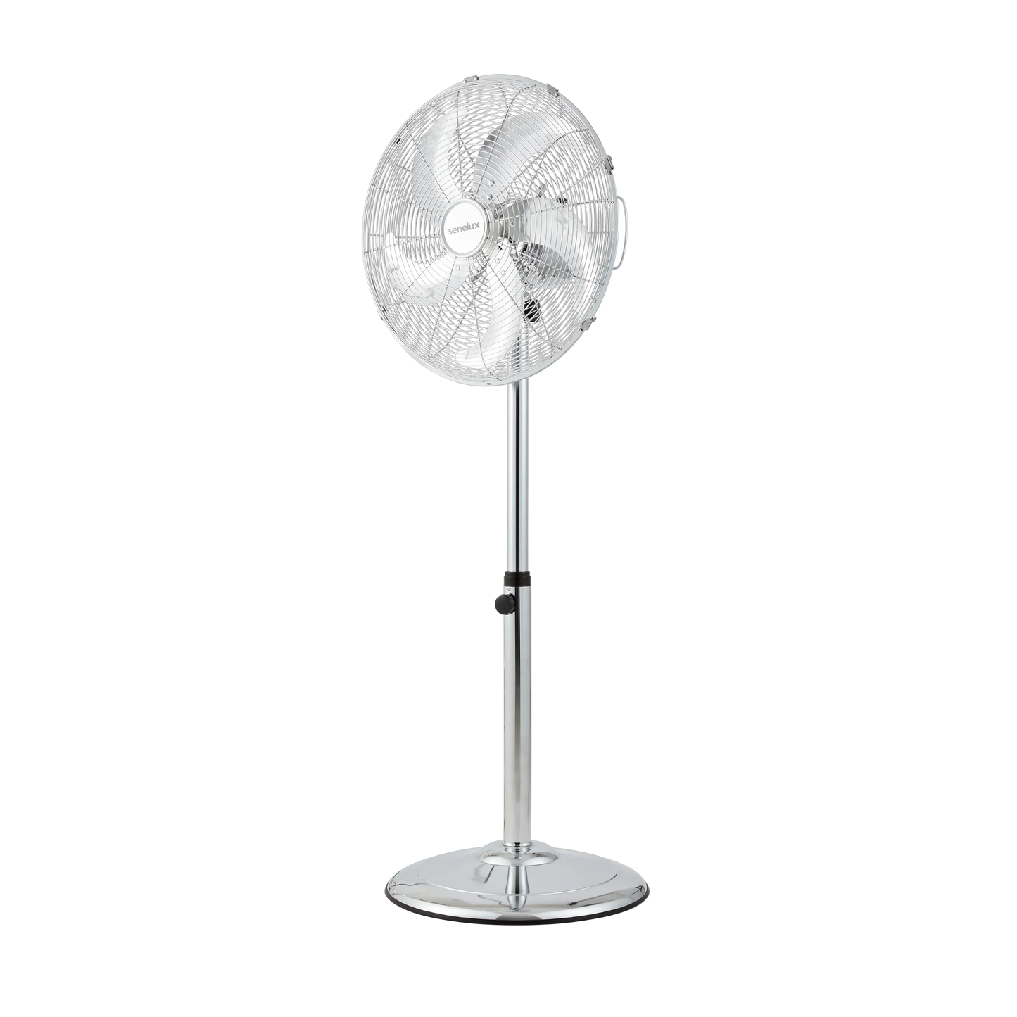 Senelux 16 Inch Metal Pedestal Floor Fan, Chrome Standing Fan with 5 Blades, Oscillating Function, 3 Speed Settings, Adjustable Height