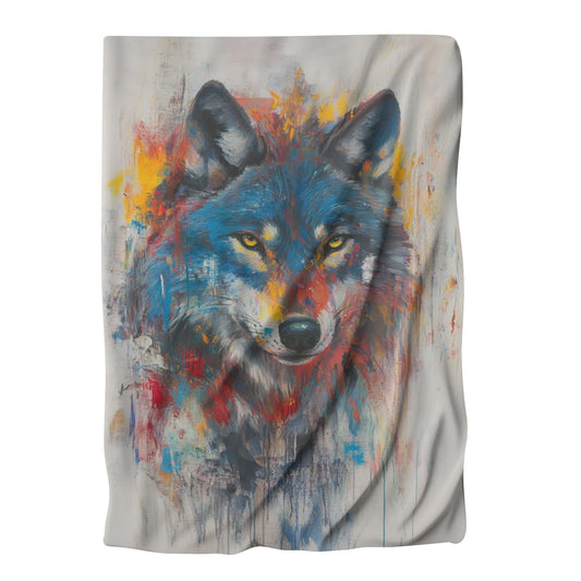 Vibrant Wolf on Grey Blanket