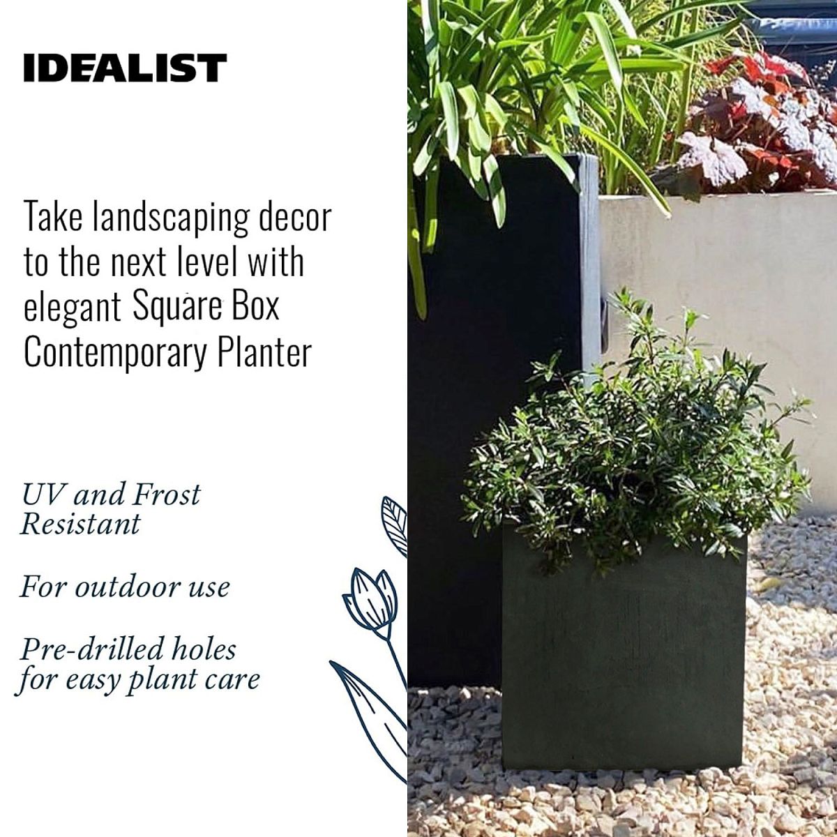 IDEALIST Lite Contemporary Flower Box Square Garden Planter, Light Concrete Outdoor Plant Pot H30 L30 W30 cm, 27L
