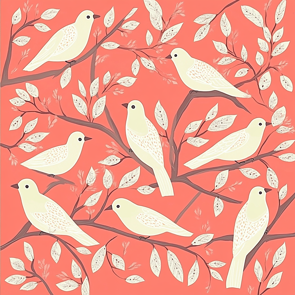 Coral Cream Bird Folk Art Cotton Cushion