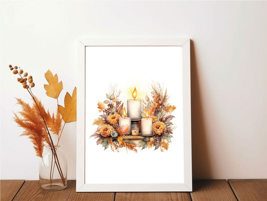 Cosy Watercolour Autumn Candles Seasonal Wall Home Decor Print