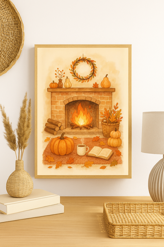 Cosy Autumn Fireplace – Fall Pumpkin & Harvest Wall Art Print