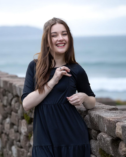 The Midi Breastfeeding Dress - Beth Black Cotton