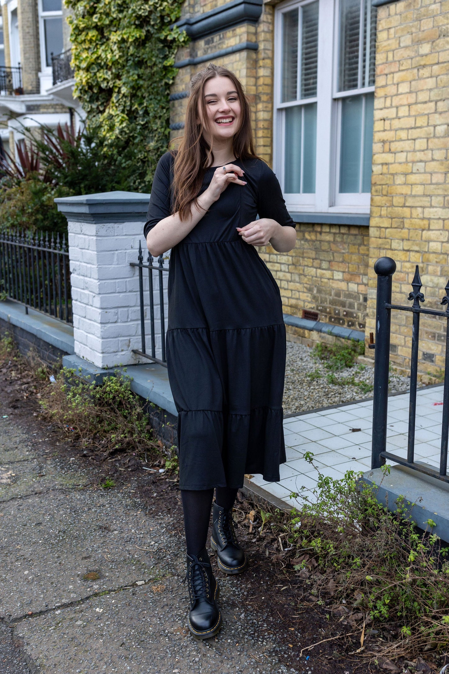 The Midi Breastfeeding Dress - Beth Black Cotton