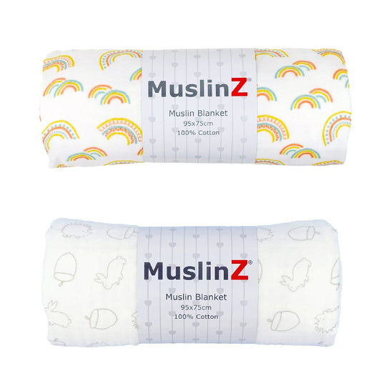 Cotton Muslin Baby Blanket - Rainbow or Woodland