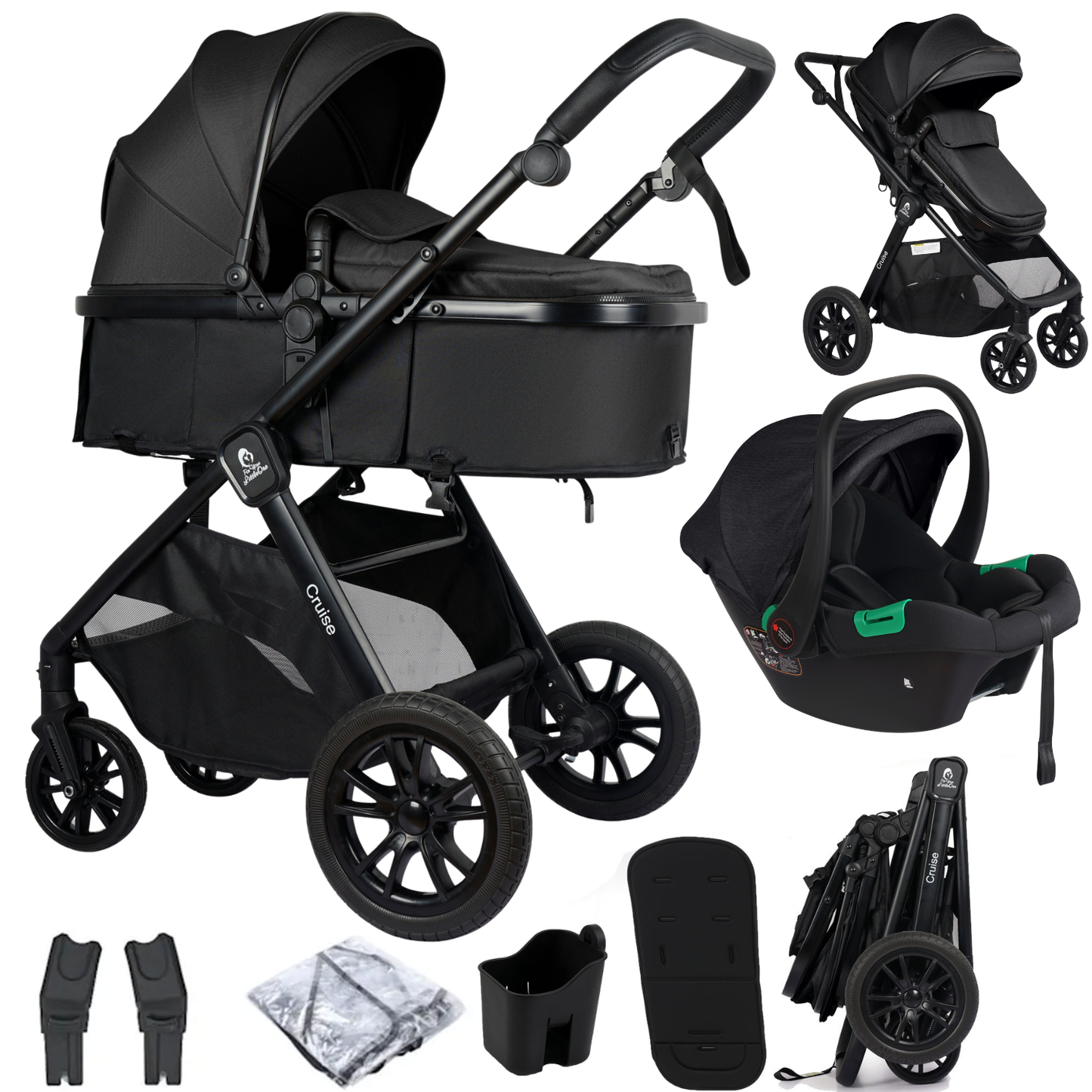 For Your Little One Cruise 3 In 1 Travel System With Car Seat - Eclipse Black (Free Cupholder / Seat Liner Included!)