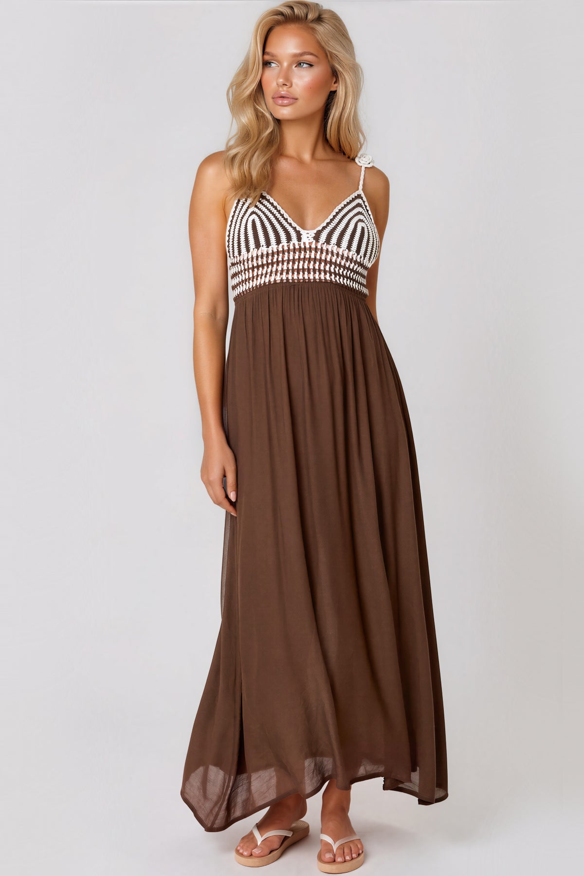 Brown Crochet Strappy Maxi Dress