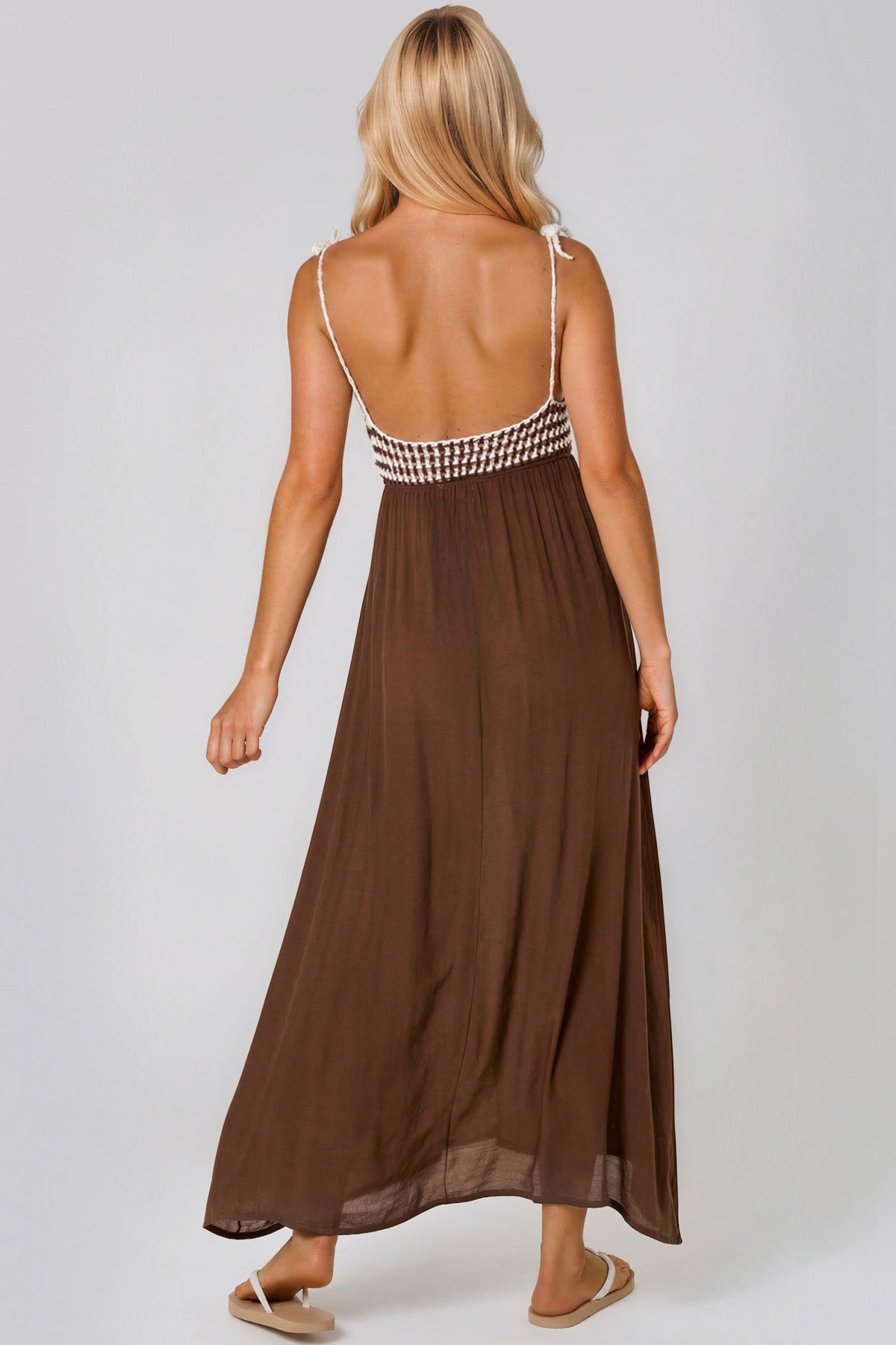 Brown Crochet Strappy Maxi Dress