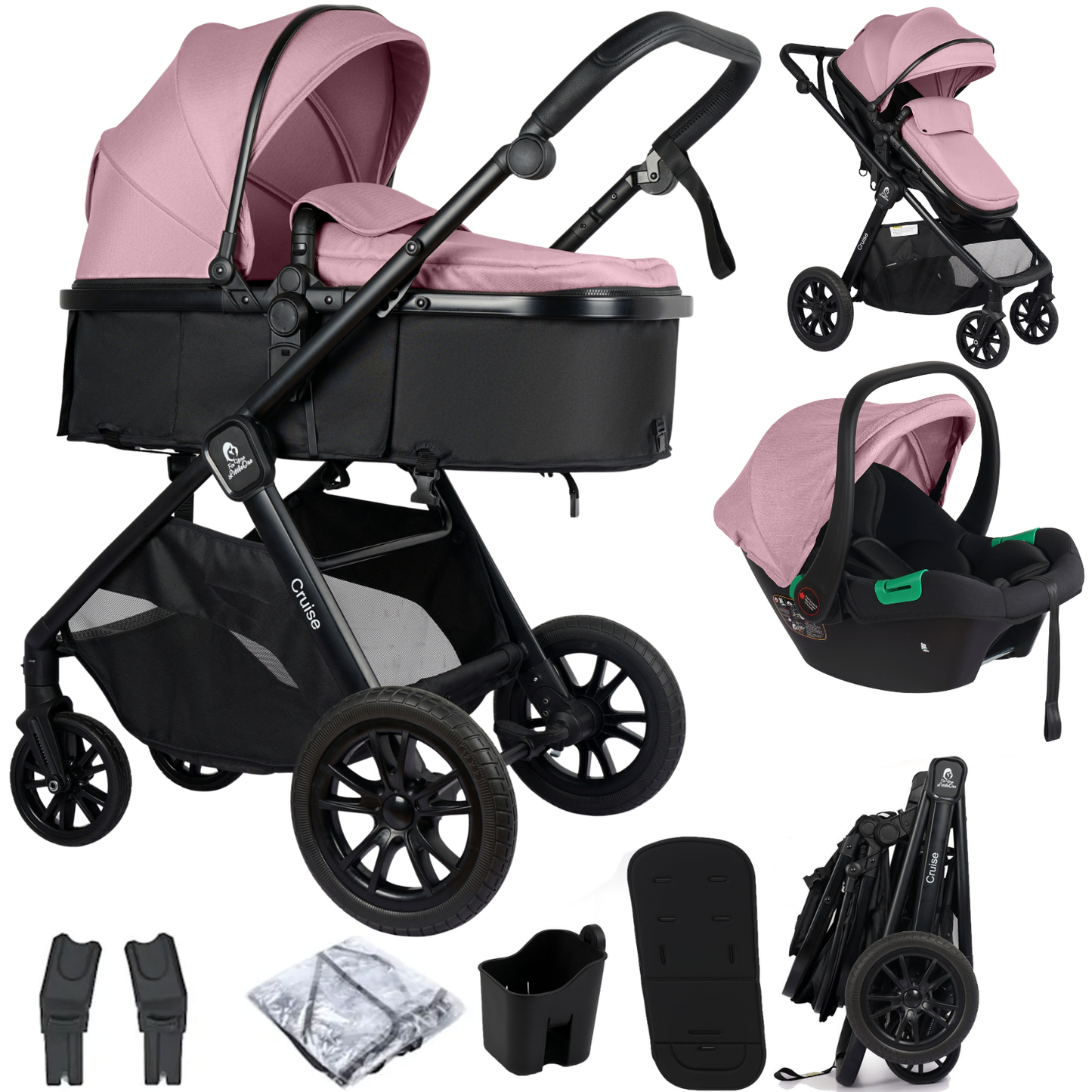 For Your Little One Cruise 3 In 1 Travel System With Car Seat - Blush Rose (Free Cupholder And Seat Liner Included!)