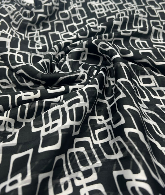 Black White Rectangles Printed Chiffon Dress Fabric