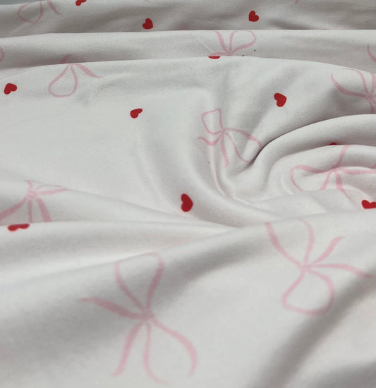 Soft Pink Heart Bow Super Soft Print Spun Poly Stretch Fabric