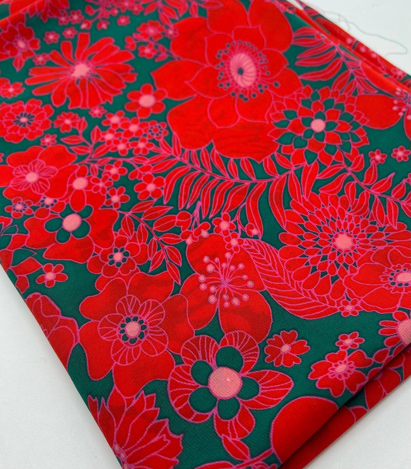 Red Green Floral Lightweight Crepe Fabric 110GSM Non Stretch