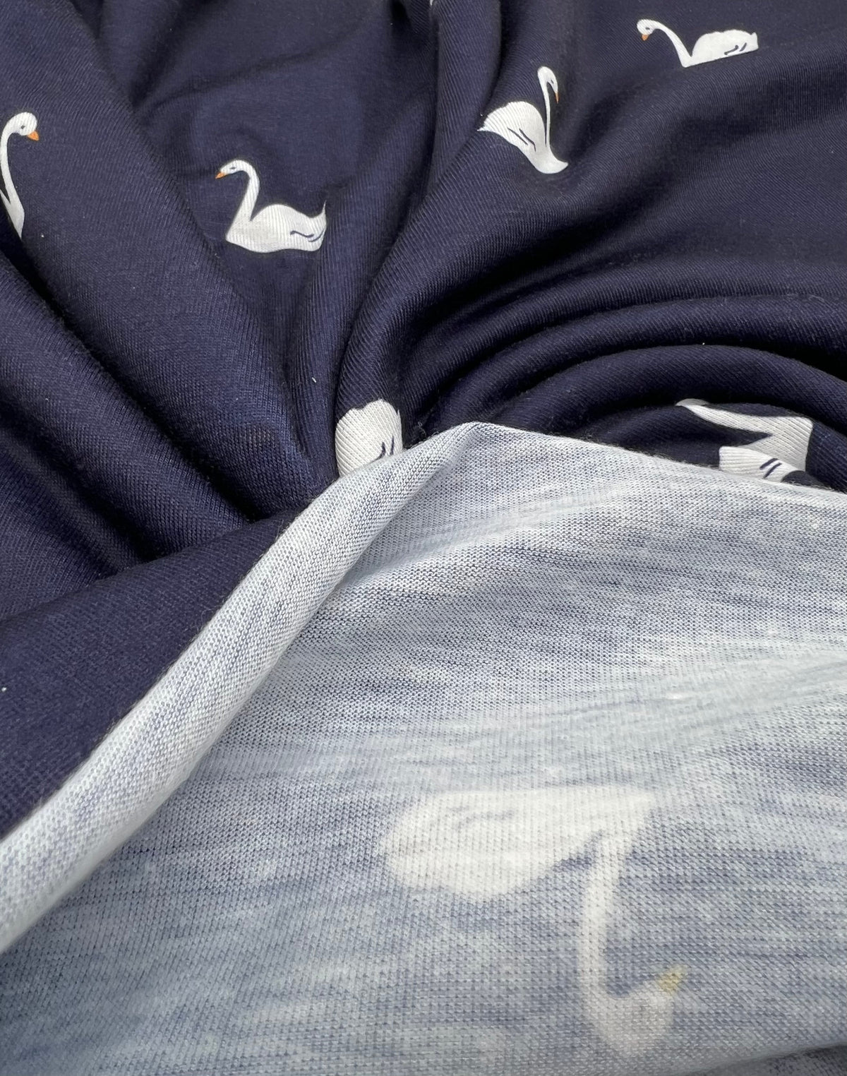 Navy Swan Print Spun Poly Stretch Fabric