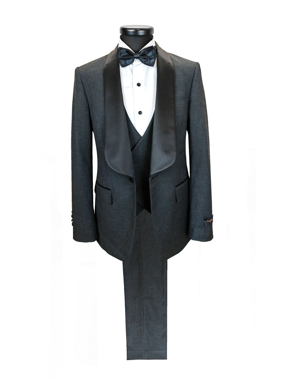 Men’s Slim Fit Wool-Blend Tuxedo with Satin Shawl Lapels – Charcoal