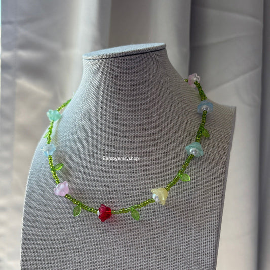 Cool green handmade beaded floral rainbow necklace