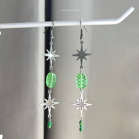 Stainless steel star and green bead statement dangle earrings