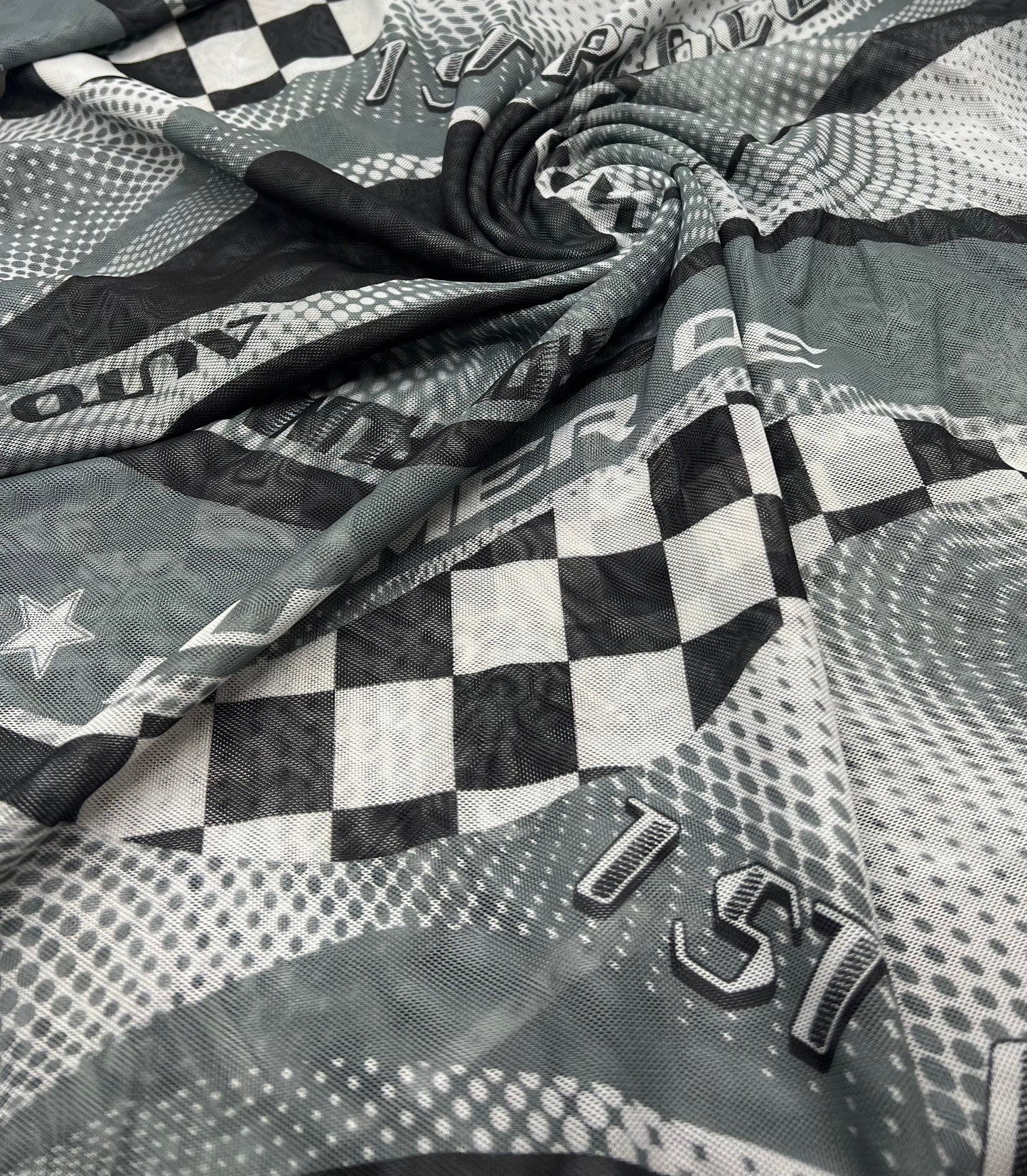 Black Grey Racing Print Mesh Fabric Stretch