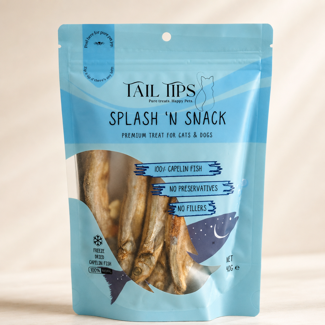Splash N' Snack - 100% Freeze-Dried Capelin Treats | Pure & Natural | Tail Tips UK | 40g pack