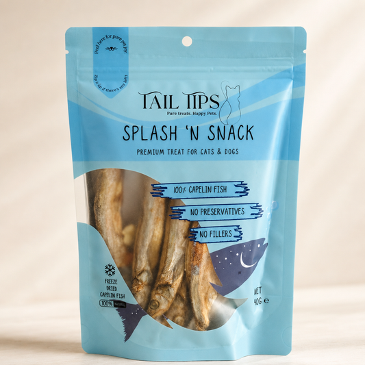 Splash N' Snack - 100% Freeze-Dried Capelin Treats | Pure & Natural | Tail Tips UK | 40g pack
