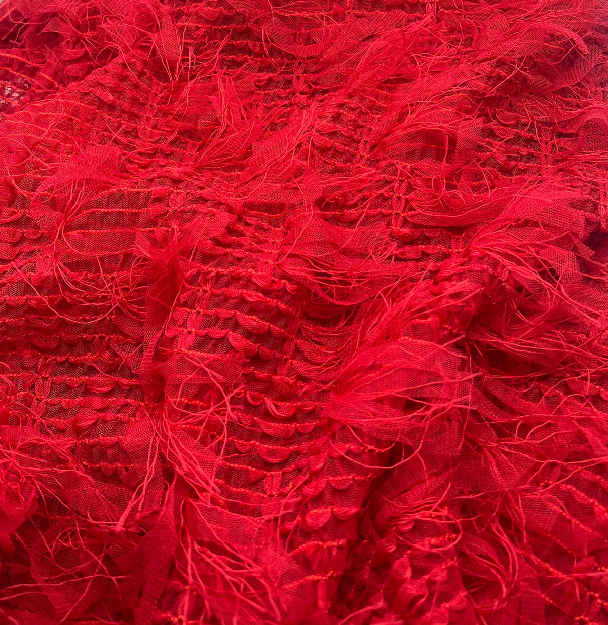 Red Textured Mesh Tassel Fabric 2 Way Stretch