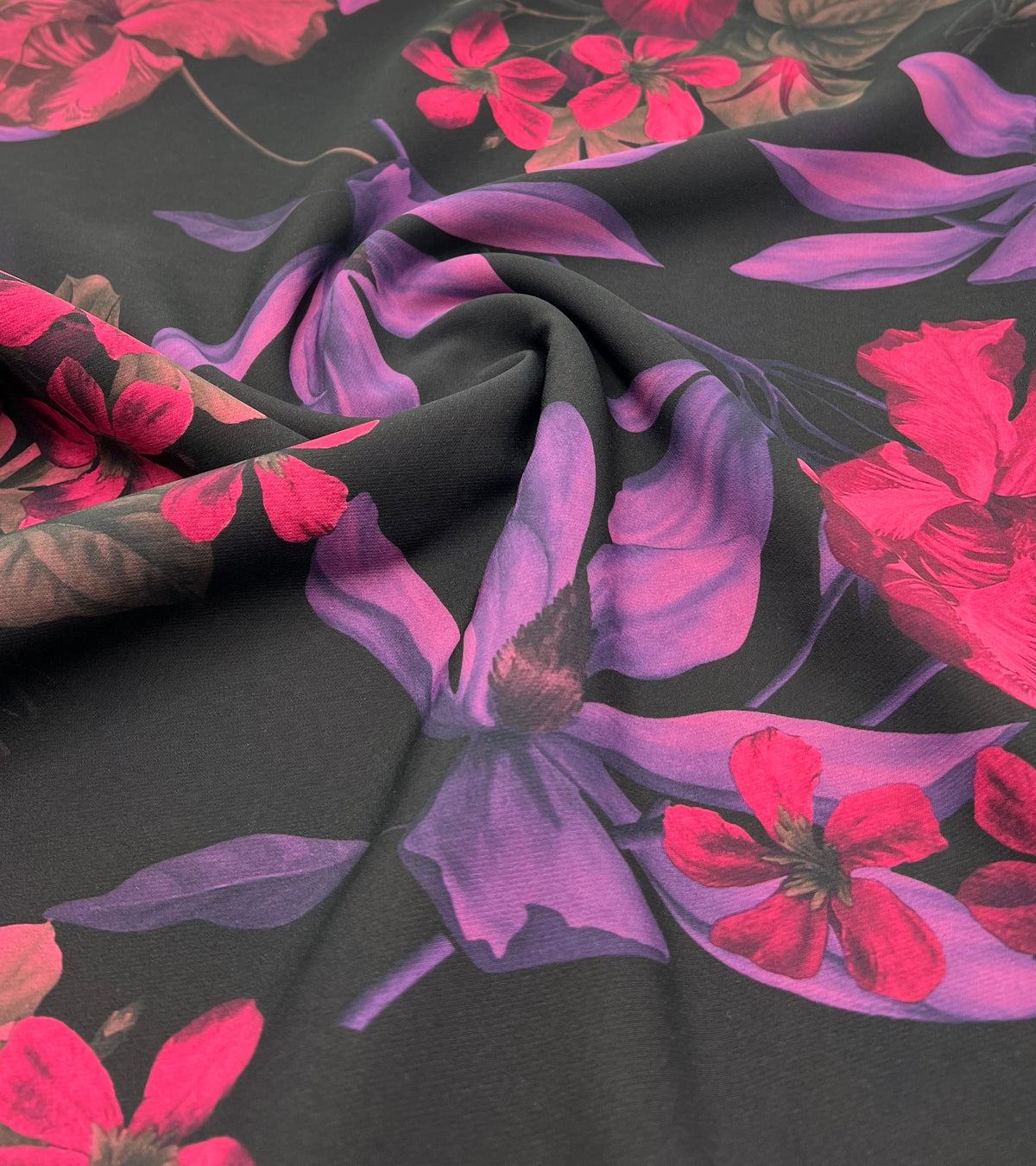 Black Purple Pink Floral Compact Crepe Fabric 2 Way Stretch