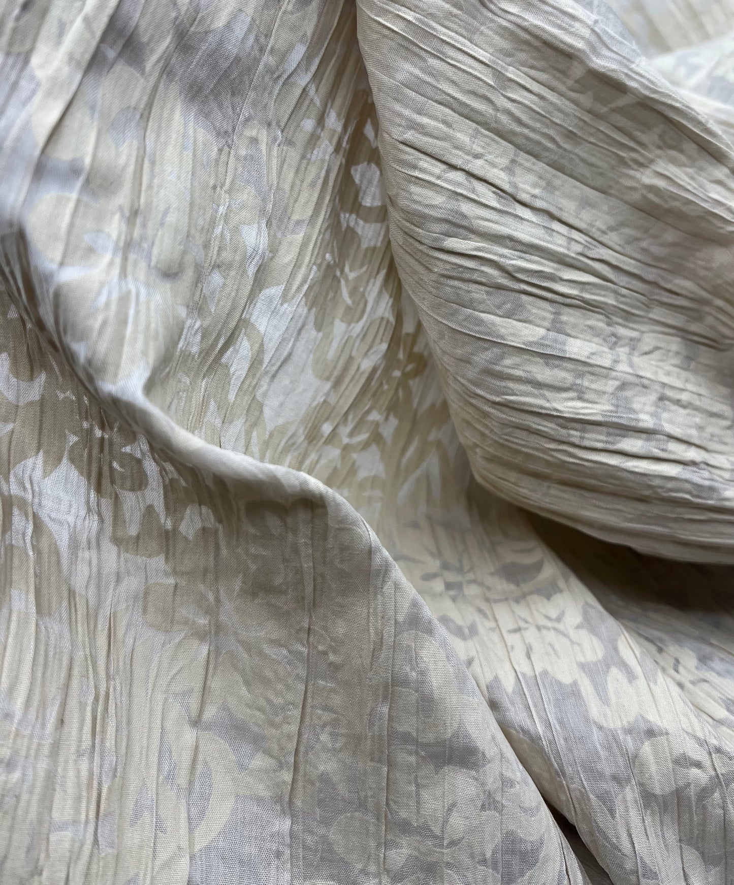Beige Floral Crinkled Lightweight Non Stretch Woven Fabric