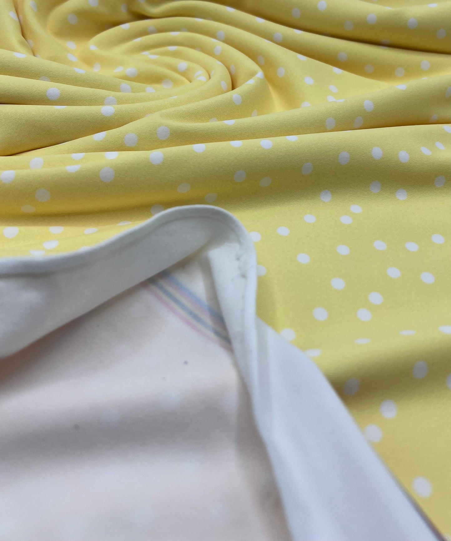 Lemon Yellow Polka Stretch Jersey 220GSM 4 Way Stretch Fabric