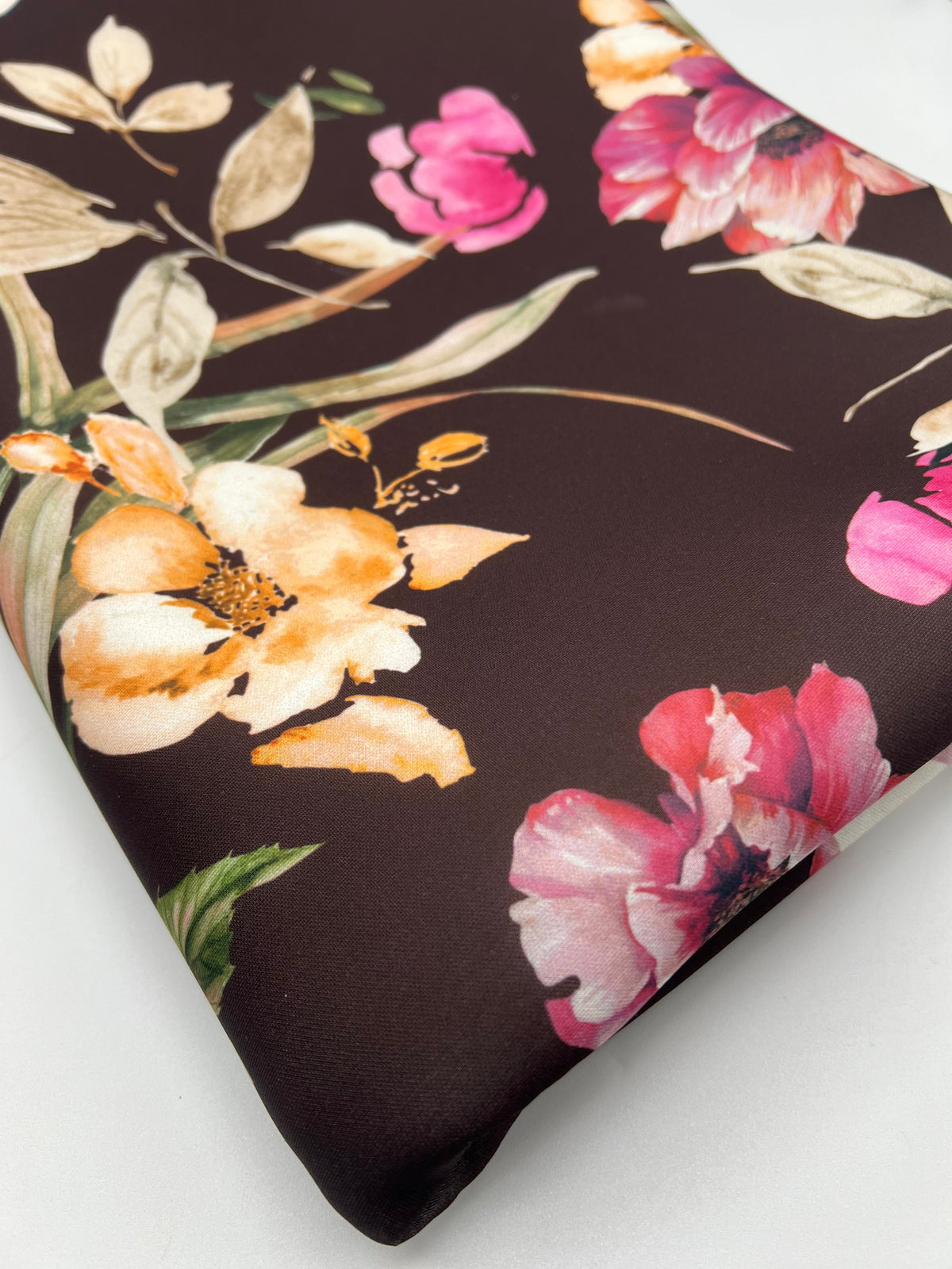 Brown Floral Scuba Foam 3D Mono Jersey Fabric 2 Way Stretch