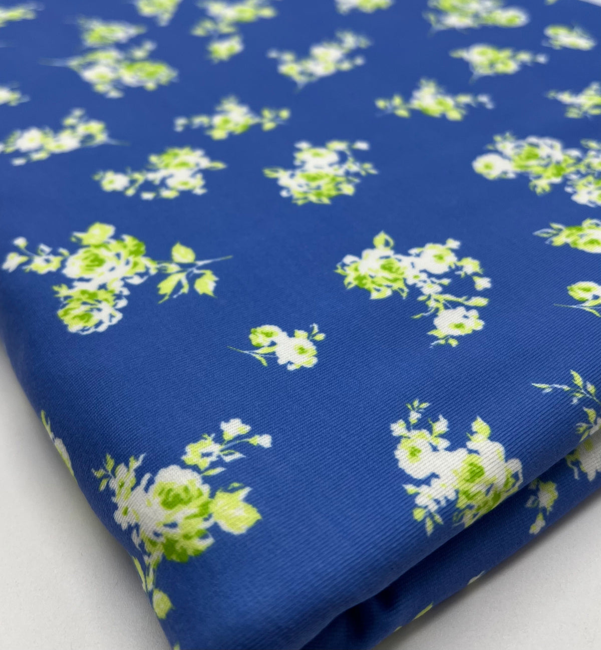 Blue Green Flower Floral Mix Print Spun Poly Stretch Fabric