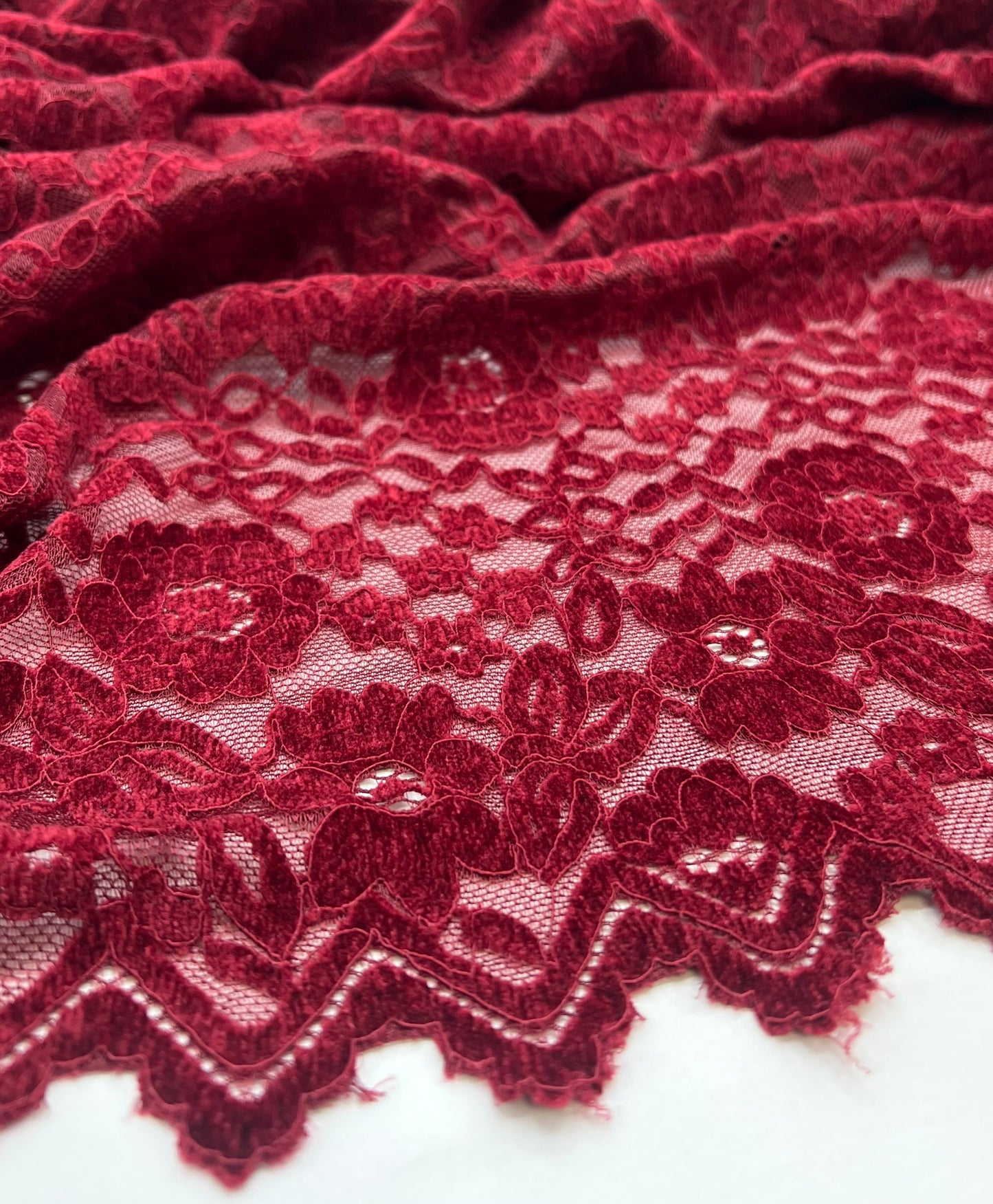 Burgundy Embossed Textured Scalloped Edge Floral Lace Fabric Stretch