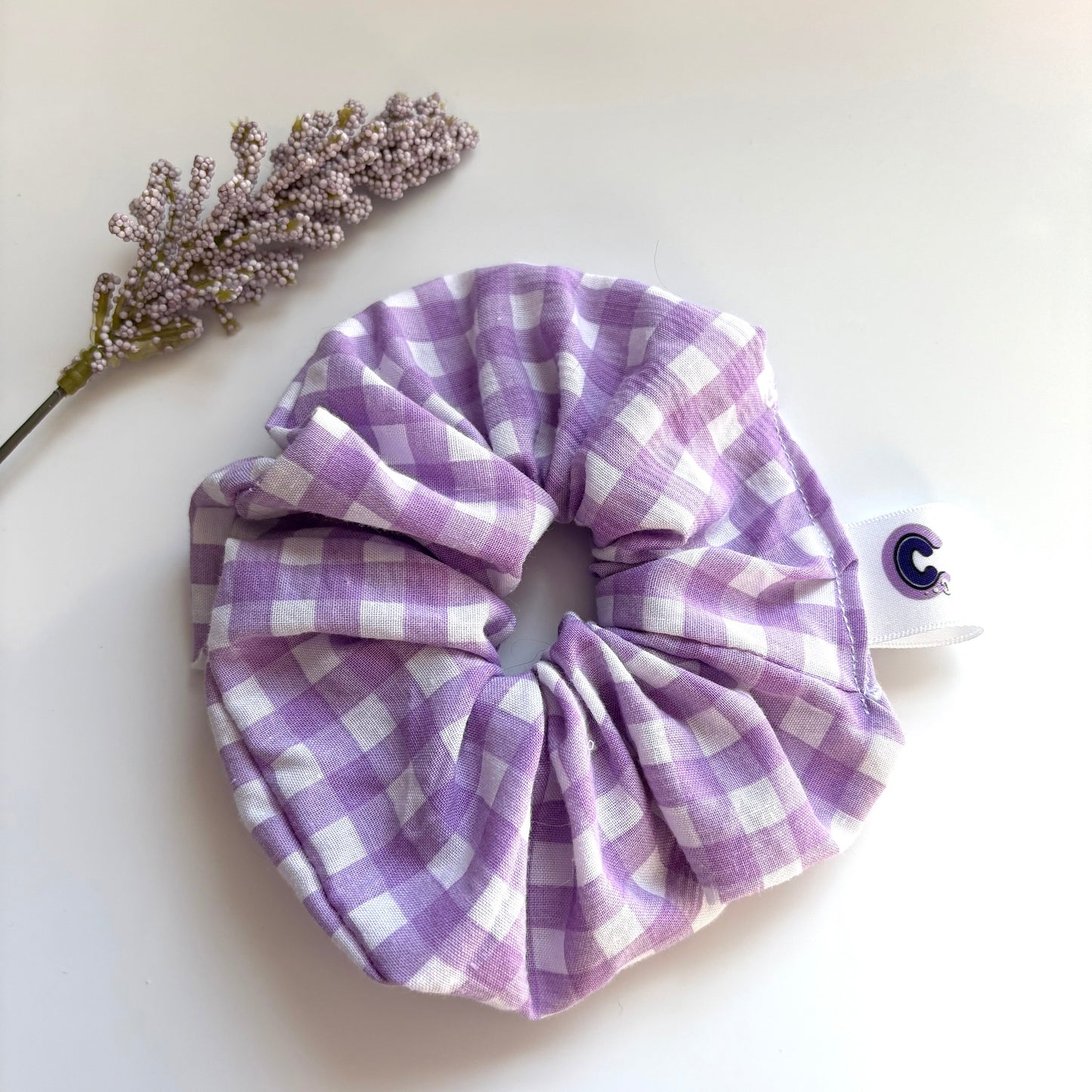 Cool purple and white gingham large hair scrunchie