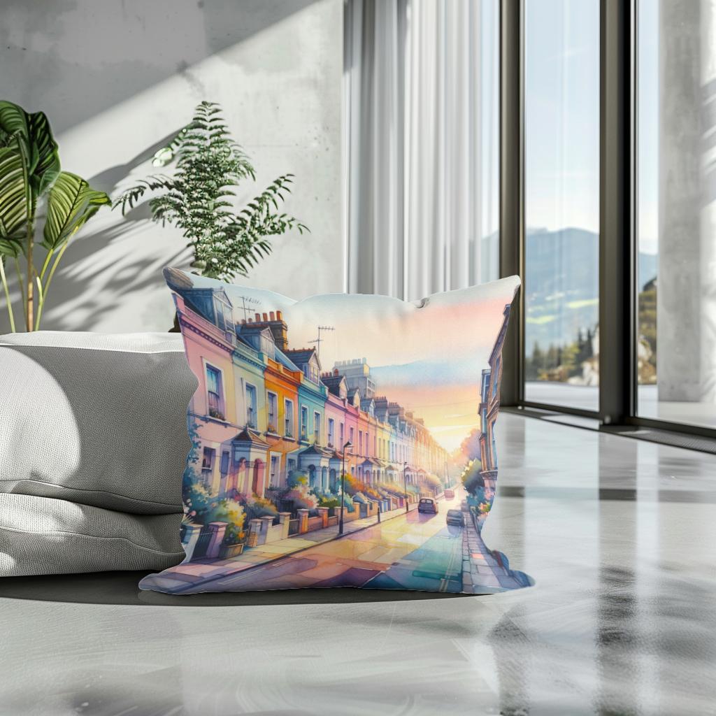 London Notting Hill Morning Watercolor Cotton Cushion