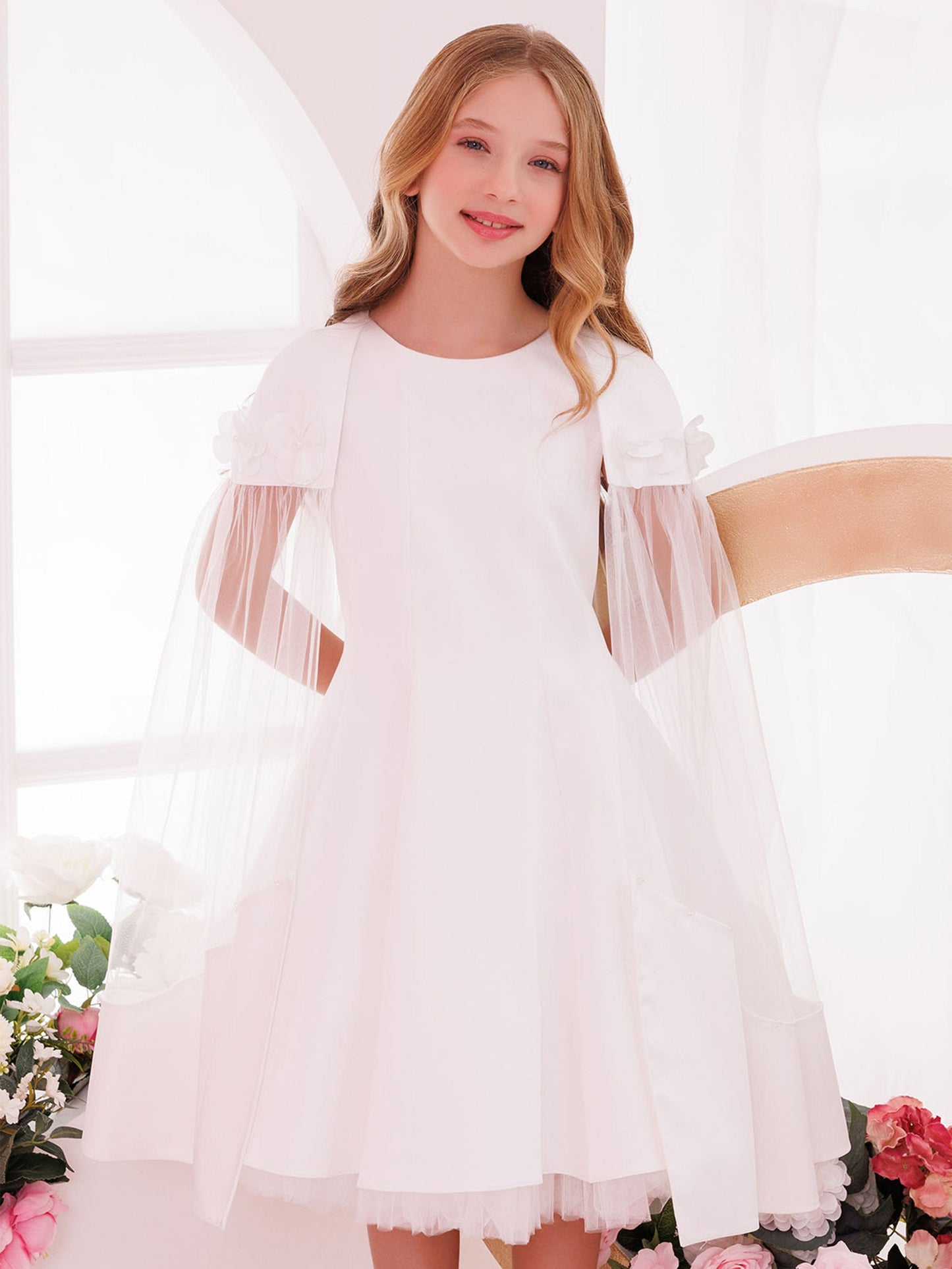 Dress & Fleur Girls Dress with Removable Cape in White