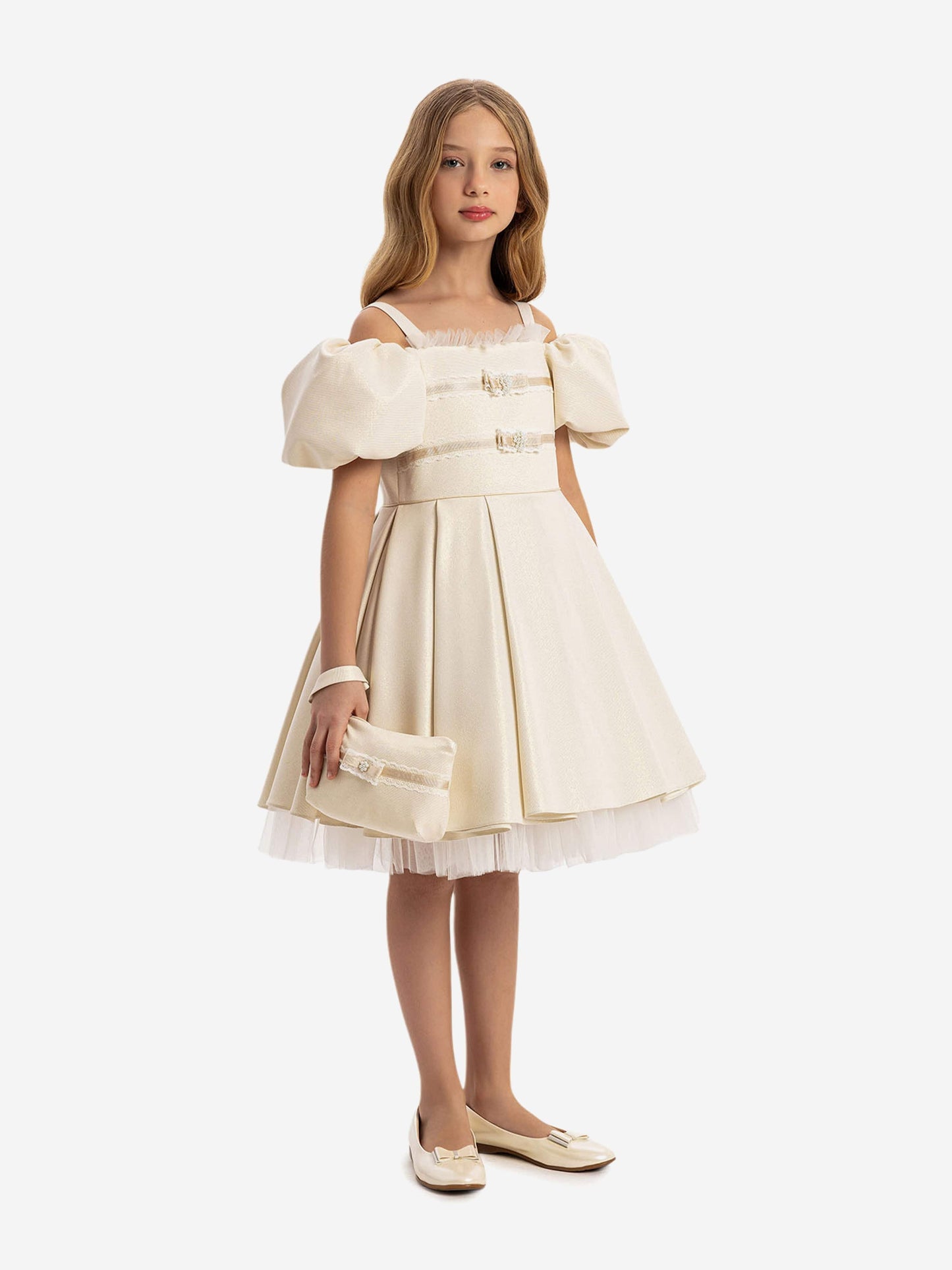 Dress & Fleur Girls Puff Sleeve Dress with Bag in Beige