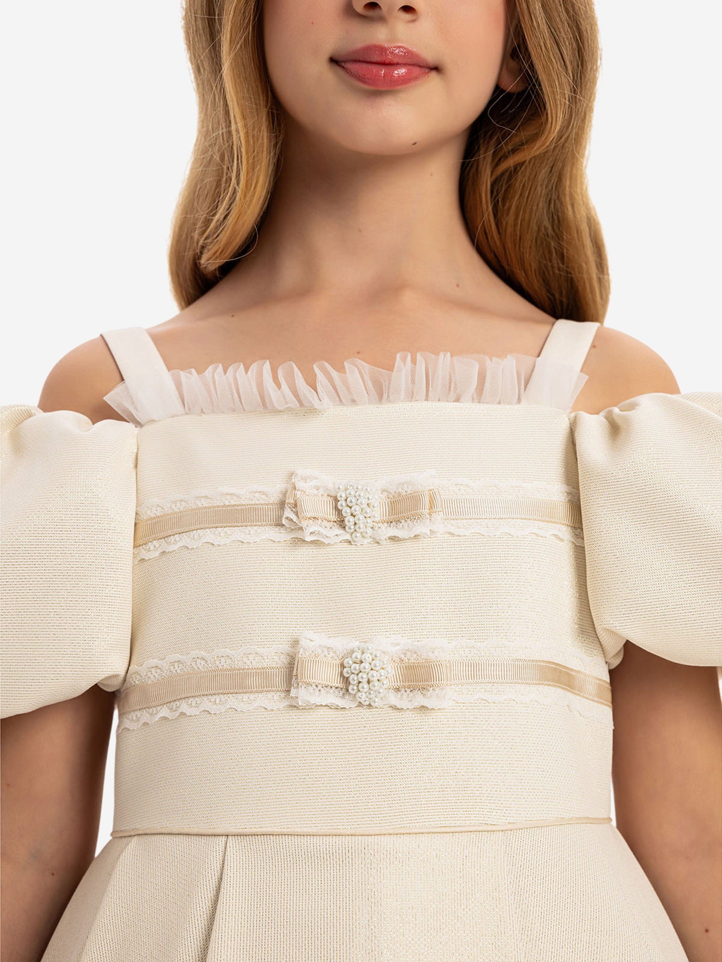 Dress & Fleur Girls Puff Sleeve Dress with Bag in Beige