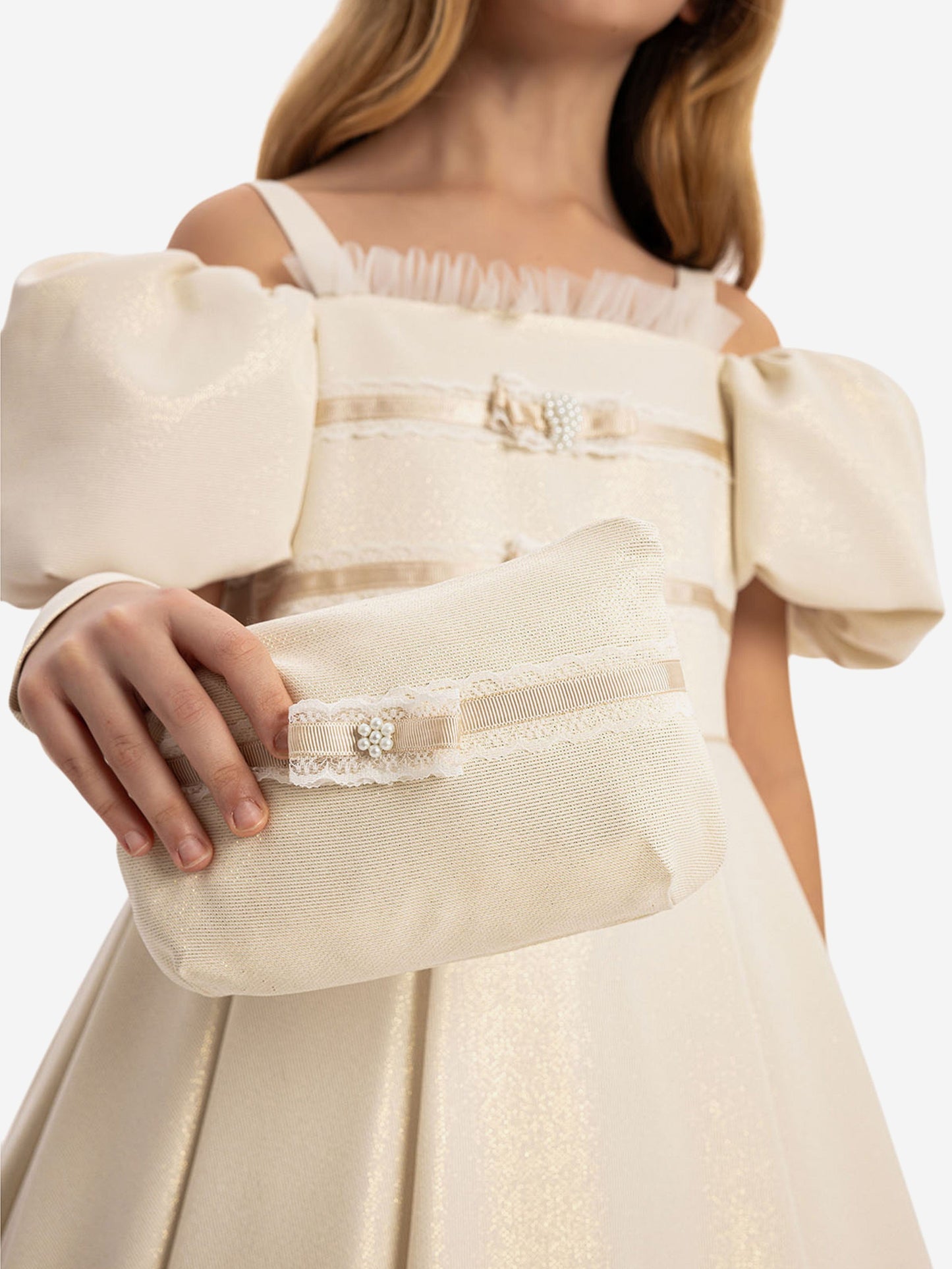 Dress & Fleur Girls Puff Sleeve Dress with Bag in Beige